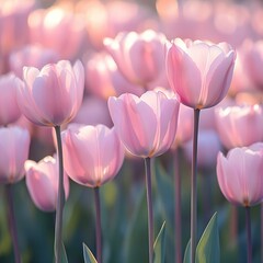 Fototapeta premium Soft pink tulips bloom in a field bathed in warm light creating a dreamy spring scene