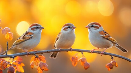 Fototapeta premium Three Sparrows on a Branch at Sunset