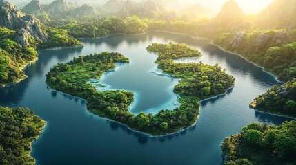 Aerial View of Lush Green Valleys and Rivers in the Rendani Mountains, Norway