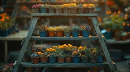 Sunset Succulents on Rustic Wooden Shelf