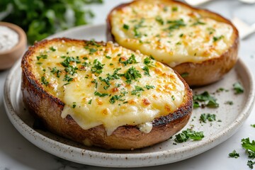 Two baked potatoes topped with melted cheese and fresh parsley on a speckled plate