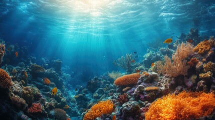 Fototapeta premium Vibrant Underwater Coral Reef Paradise: Sunbeams Illuminate a Thriving Ecosystem