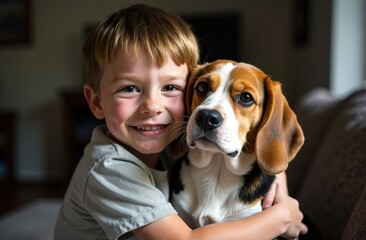 Happy boy and dog Beagle hugs her with tenderness, smiles, looks at the camera at home. Pets. Emotions of people. Childhood. Life style. Animal care. High quality photo