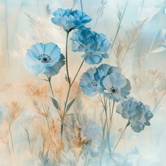 Naklejka premium Pastel blue flowers, soft background, nature scene, wall art