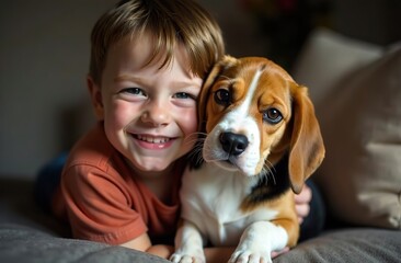 Happy boy and dog Beagle hugs her with tenderness, smiles, looks at the camera at home. Pets. Emotions of people. Childhood. Life style. Animal care. High quality photo