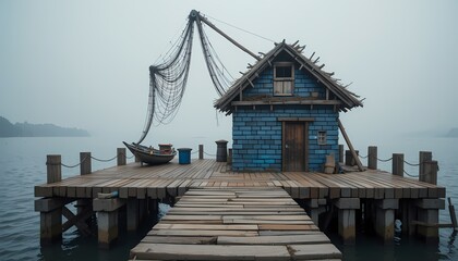 Obraz premium Quaint blue fishing hut on a wooden dock, misty day.