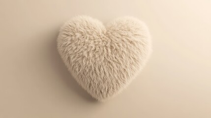 Fototapeta premium A fluffy fur heart shape with a soft, tactile texture set against a light beige minimal background.