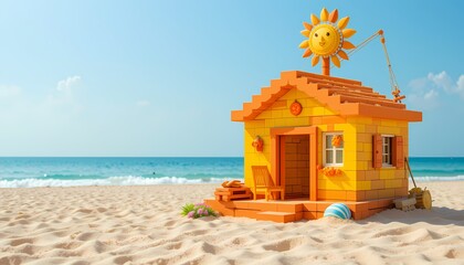 Fun yellow beach house on sunny beach.