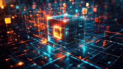 Obraz premium Glowing cube in digital network, data streams background, tech concept