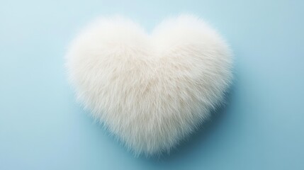 A fluffy white fur heart shape with a soft texture on a baby blue minimal background.