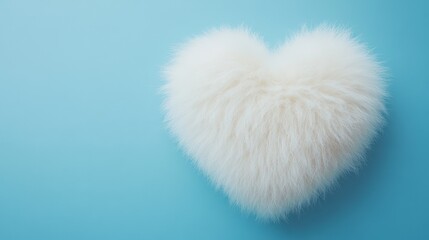 A fluffy white fur heart shape with a soft texture on a baby blue minimal background.