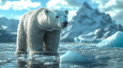 Majestic Polar Bear on Rocky Terrain by Icy Waters, Surrounded by Snow-Capped Mountains