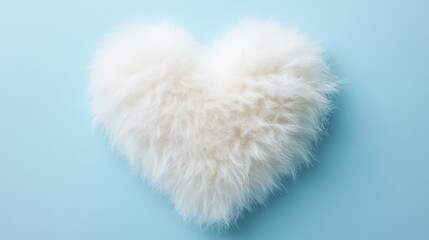 A fluffy white fur heart shape with a soft texture on a baby blue minimal background.
