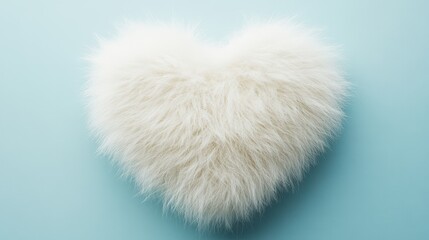 A fluffy white fur heart shape with a soft texture on a baby blue minimal background.