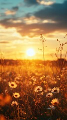 Golden hour light over field of daisies with bright sun and a sky with soft clouds