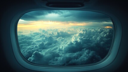 Naklejka premium Aerial View of Cloudscape from Airplane Window at Sunset
