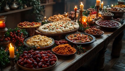 Fototapeta premium Festive Table Set with Various Dishes and Lit Candles, Creating a Cozy Ambiance