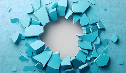3D hole in a blue cracked wall with a white background, vector illustration on an isolated transparent PNG. Solid color, 2D, flat design, vector, simple design, simple colors, no shadows, white 