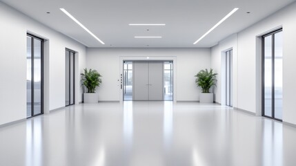 Modern Empty Lobby Interior Design with Elevator and Potted Plants in Bright Open Space