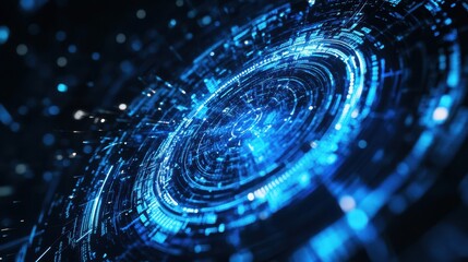 A futuristic digital technological interface featuring a glowing blue electric circle set against a black background.