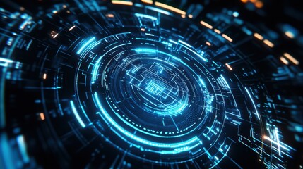 Obraz premium A futuristic digital technological interface featuring a glowing blue electric circle set against a black background.