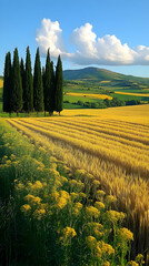 Golden Wheat Field with Cypress Trees under a Sunny Sky