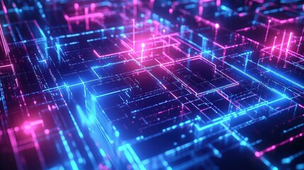 Obraz premium A futuristic neon abstract background featuring a network grid with electric glowing blue and pink connections.