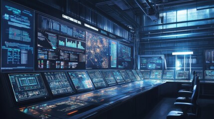 Obraz premium High-Tech Control Room with Modern Displays and Data Visualizations
