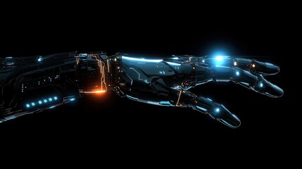 A futuristic robotic hand with glowing circuits extends towards the viewer, emitting a bright light from its fingertip against a black background.
