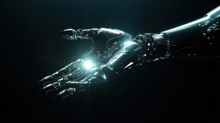 A futuristic robotic hand with glowing circuits extends towards the viewer, emitting a bright light from its fingertip against a black background.