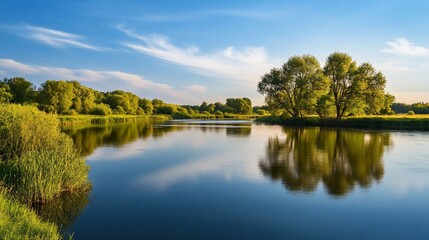 Obraz premium Reflections on a Serene River Landscape Under a Bright Blue Sky with Clouds