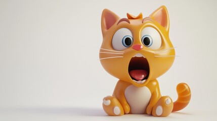 Fototapeta premium A ginger cat cartoon character in 3D design is depicted sitting with an open mouth, showing a look of surprise, shock, and amazement.