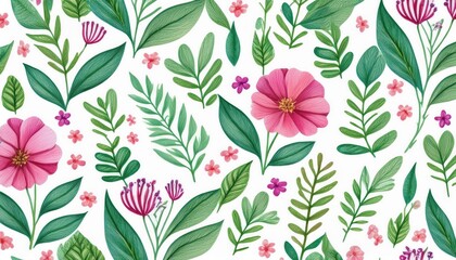 Vibrant Watercolor Leaf and Flower Seamless Pattern, Showcasing Rich Hues, Delicate Textures, and a Blend of Botanical Beauty, Perfect for Digital Art, Home Decor, or Design Inspiration.