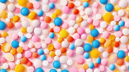 Colorful pills scattered on pink surface, sunlit background, medical concept