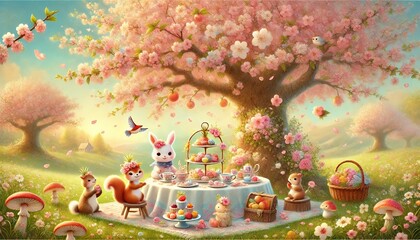 Fairytale Woodland Tea Party Under Sakura Blossoms: A Tranquil Spring Scene with Cheerful Animals