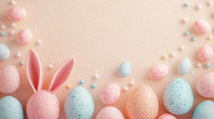 Pastel Easter eggs border, bunny ears, spring