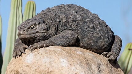 Large dark lizard basking on rock.