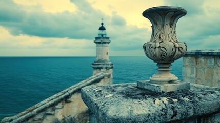 Ornate stone vase on a weathered wall overlooking a lighthouse and ocean.