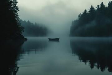 Tranquil Morning Mist Over Lake with Isolated Canoe in Fog