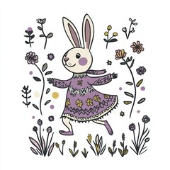 Obraz premium Easter rabbit dancing among flowers illustration embroidery drawing.
