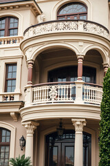 Elegant Classical Mansion Exterior: Ornate Balcony, Columns, and Grand Entrance. Luxury Real Estate, Architectural Design