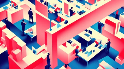 Abstract isometric illustration of a complex office maze with many employees working at desks.
