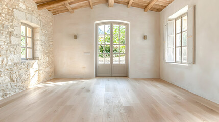 Sunlit empty room, stone wall, wooden floors, French doors, rural setting; Real estate listing