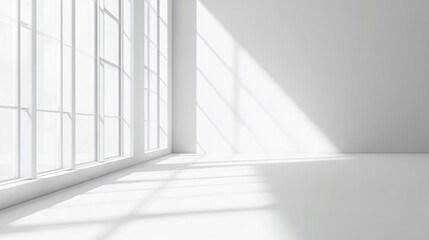 Fototapeta premium Minimalist Abstract White Background with Soft Shadows and Light Reflections, Sunlight Streaming Through a Window in a Modern White Room