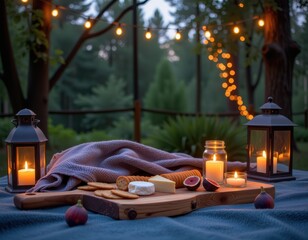 Evening outdoor gathering with cheese, crackers, and candlelight in a serene garden setting