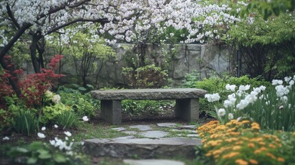 Fototapeta premium Tranquil Garden Scene with Stone Bench and Blooming Flowers