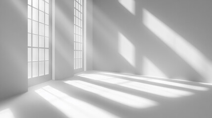 Obraz premium Realistic and minimalist blurred natural light windows, shadow overlay on wallpaper texture, Sunlight streaming through a window casting shadows on a white wall and floor.