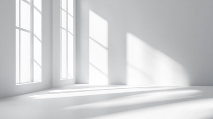 Obraz premium Minimal white light and shadow background. A serene white background with gentle light. Background for product presentation with shadow and light from windows.