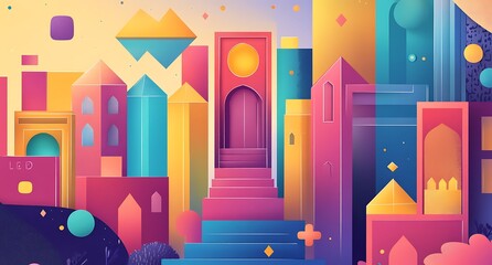 Obraz premium Colorful Stylized Graphic of Whimsical Buildings and Abstract Shapes