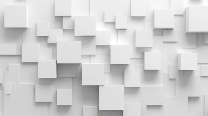 Abstract background of white cubes in varying sizes and depths, Modern white square tiles create a three-dimensional geometric wall, 